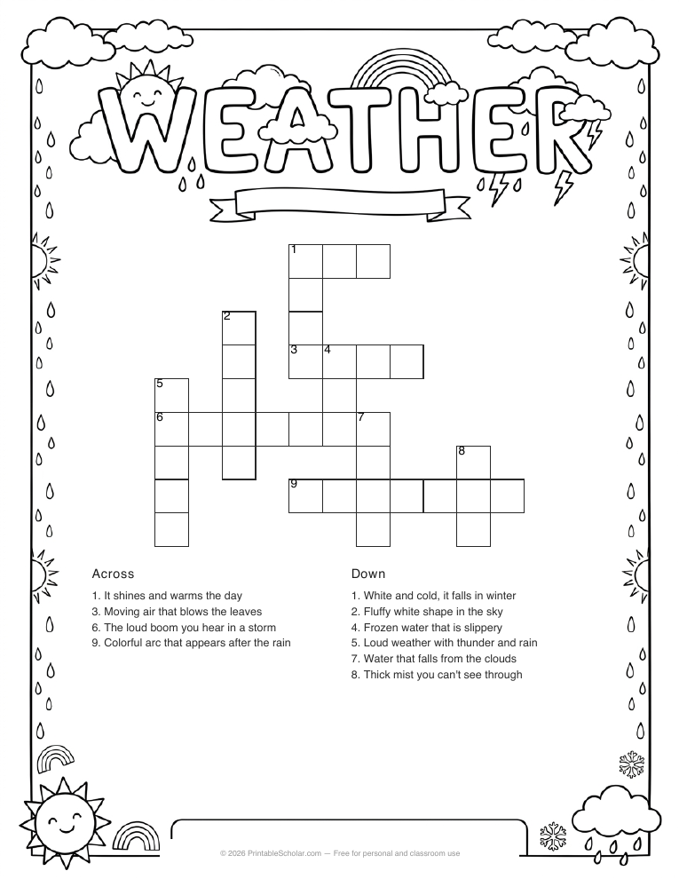 Weather crossword printable worksheet preview