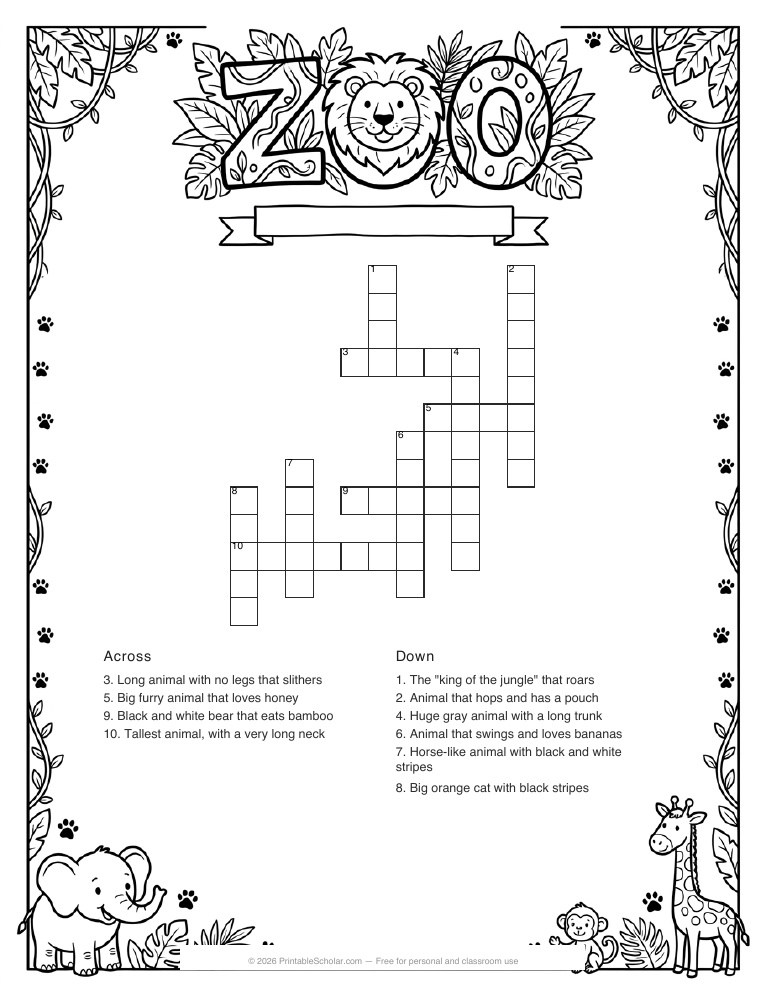 Zoo Animals crossword printable worksheet preview