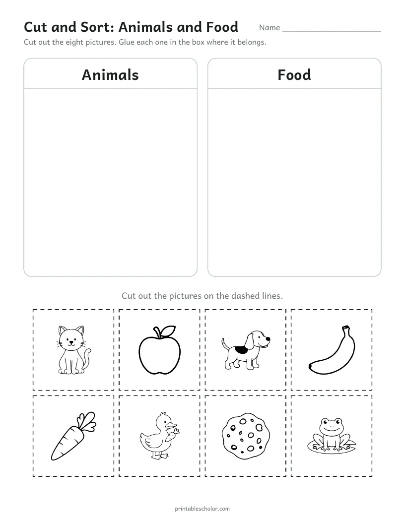 Cut and Sort: Animals and Food worksheet preview