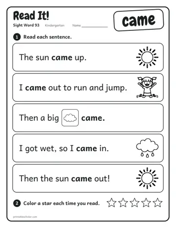 Read It worksheet for the sight word came