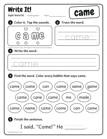 Write It worksheet for the sight word came