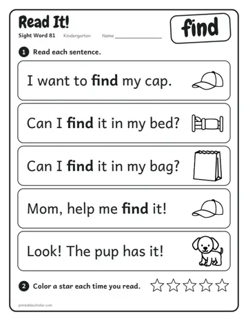 Read It worksheet for the sight word find