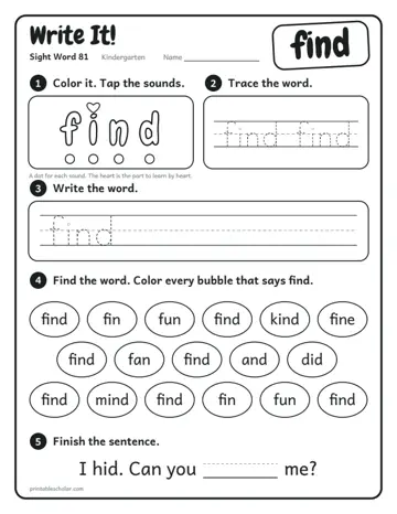 Write It worksheet for the sight word find