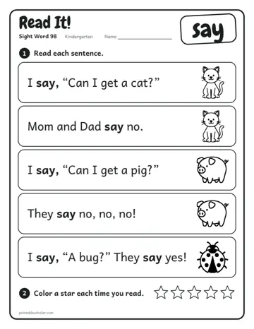 Read It worksheet for the sight word say