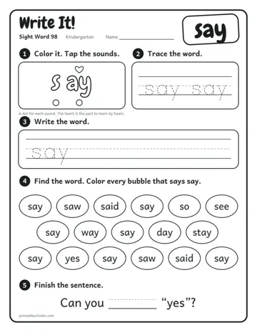 Write It worksheet for the sight word say