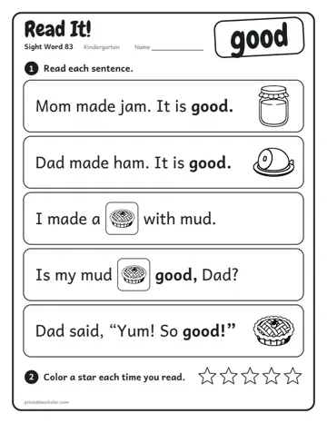 Read It worksheet for the sight word good