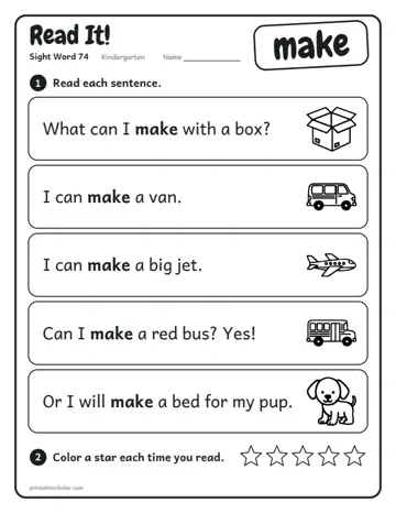 Read It worksheet for the sight word make