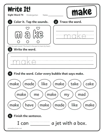Write It worksheet for the sight word make