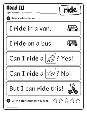 Read It worksheet for the sight word ride