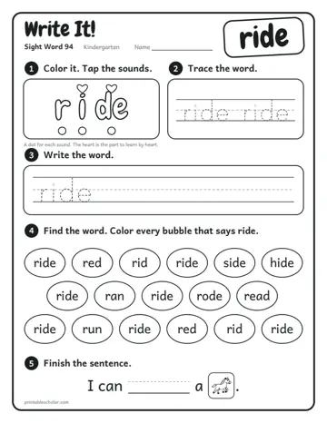Write It worksheet for the sight word ride
