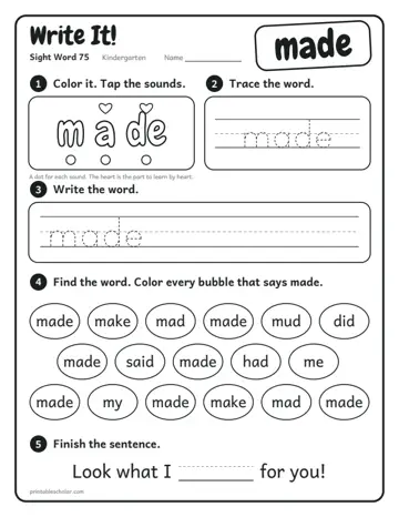 Write It worksheet for the sight word made