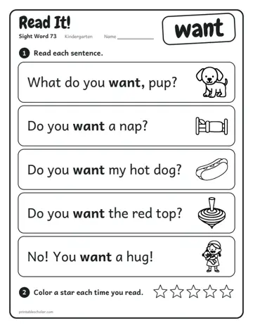 Read It worksheet for the sight word want