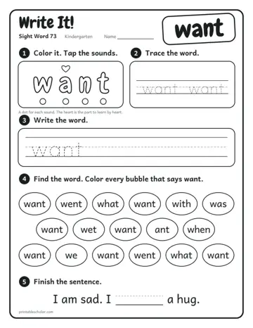 Write It worksheet for the sight word want