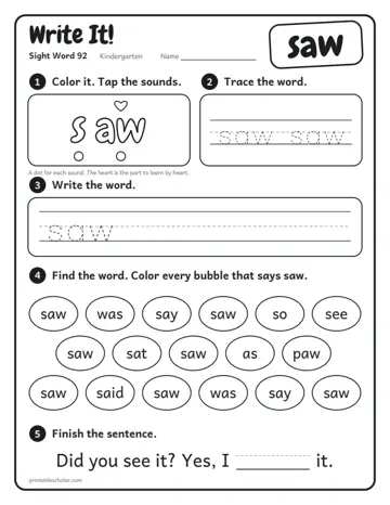 Write It worksheet for the sight word saw