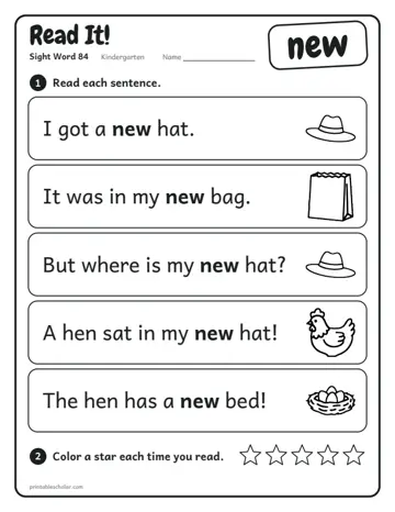 Read It worksheet for the sight word new