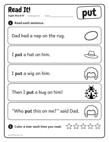 Read It worksheet for the sight word put