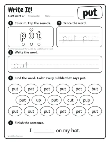 Write It worksheet for the sight word put