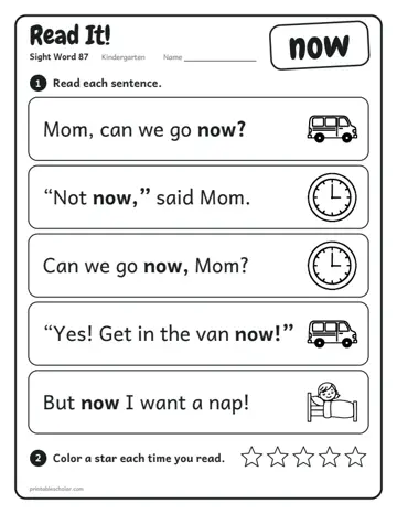Read It worksheet for the sight word now