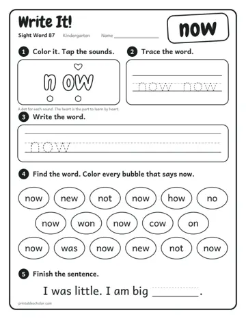 Write It worksheet for the sight word now