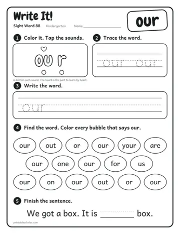 Write It worksheet for the sight word our
