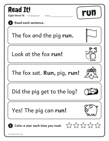 Read It worksheet for the sight word run