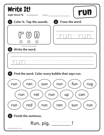 Write It worksheet for the sight word run