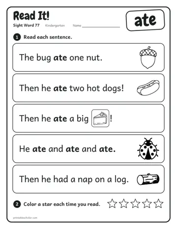 Read It worksheet for the sight word ate