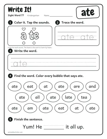 Write It worksheet for the sight word ate