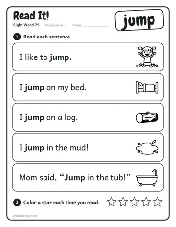 Read It worksheet for the sight word jump