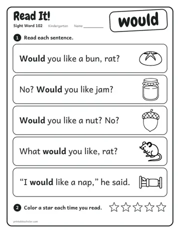 Read It worksheet for the sight word would