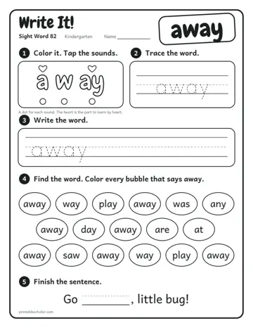 Write It worksheet for the sight word away