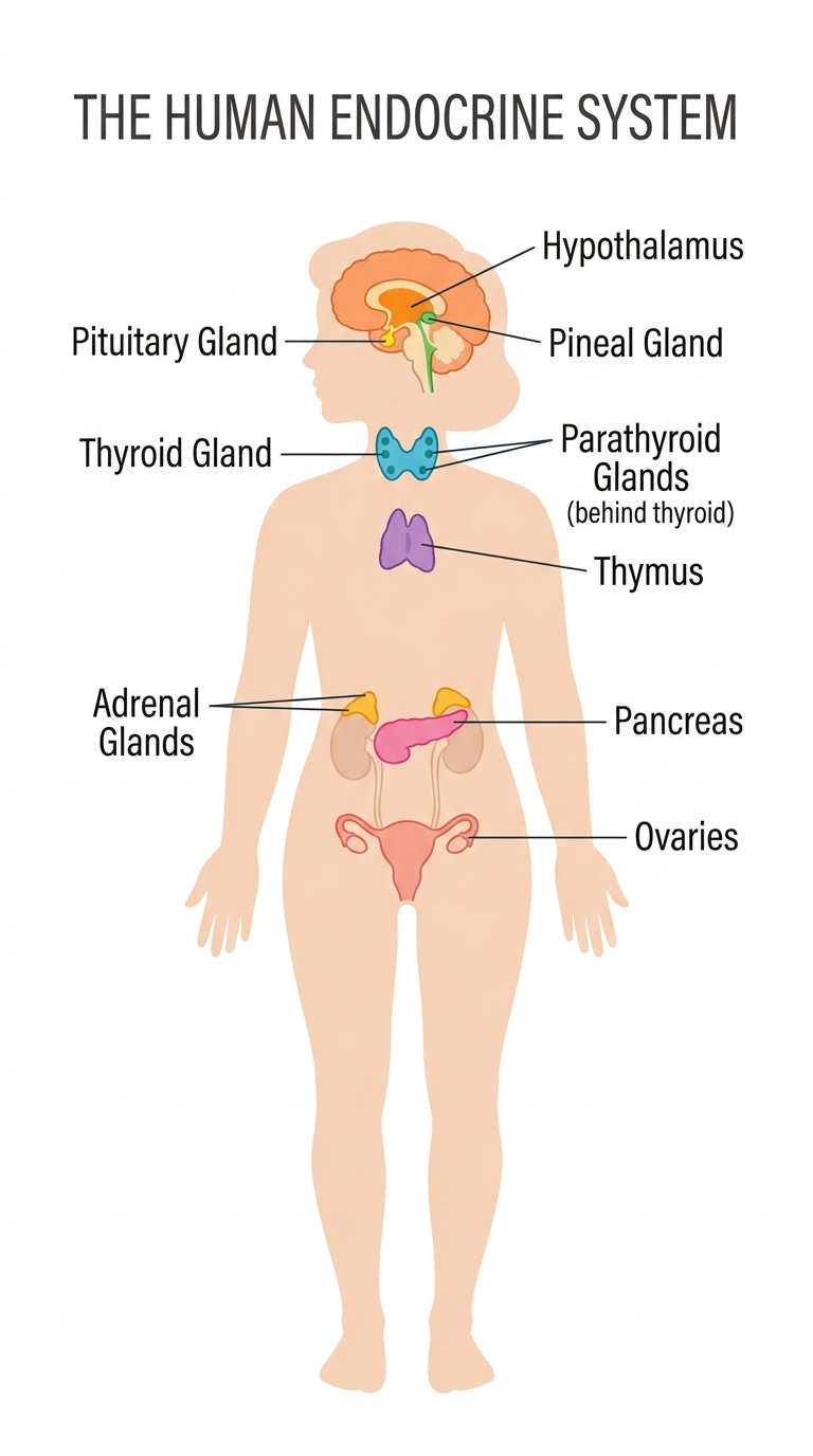 Labeled human endocrine system diagram showing hypothalamus, pituitary gland, pineal gland, thyroid, parathyroid, thymus, adrenal glands, pancreas, and ovaries