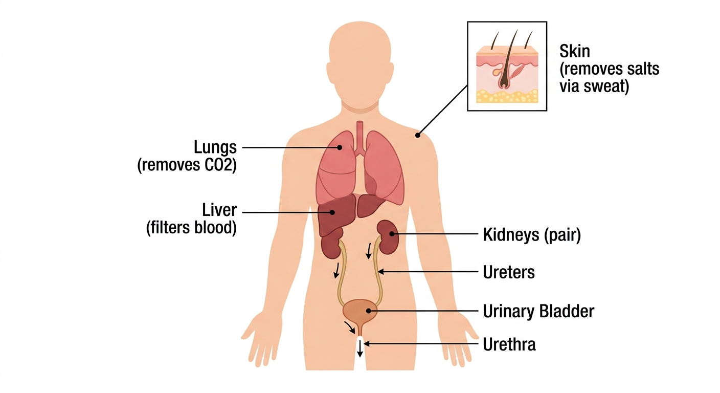 Labeled human excretory system diagram showing lungs, liver, kidneys, ureters, urinary bladder, urethra, and skin with waste removal pathways
