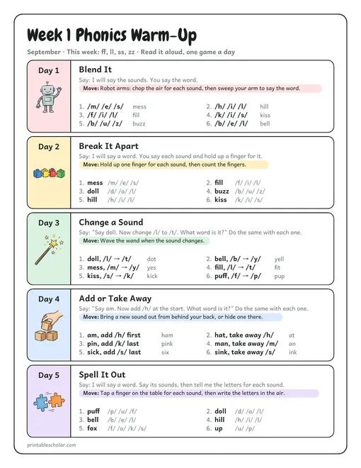 Phonics warm-up, week 1 preview