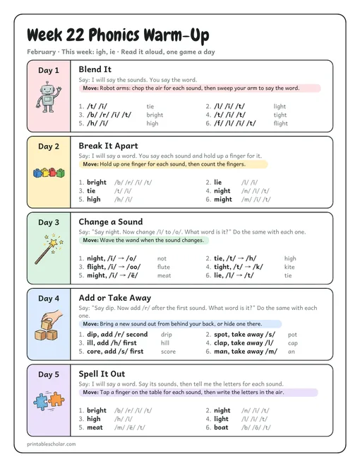 Daily phonics warm-up: a page a week