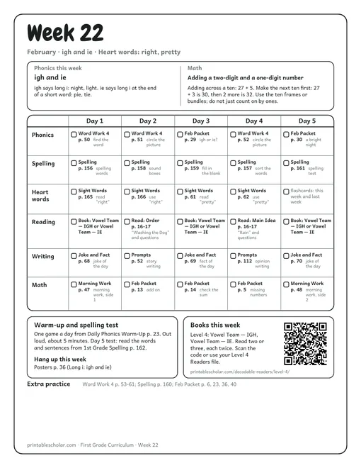 Week 22: igh and ie, adding across a ten