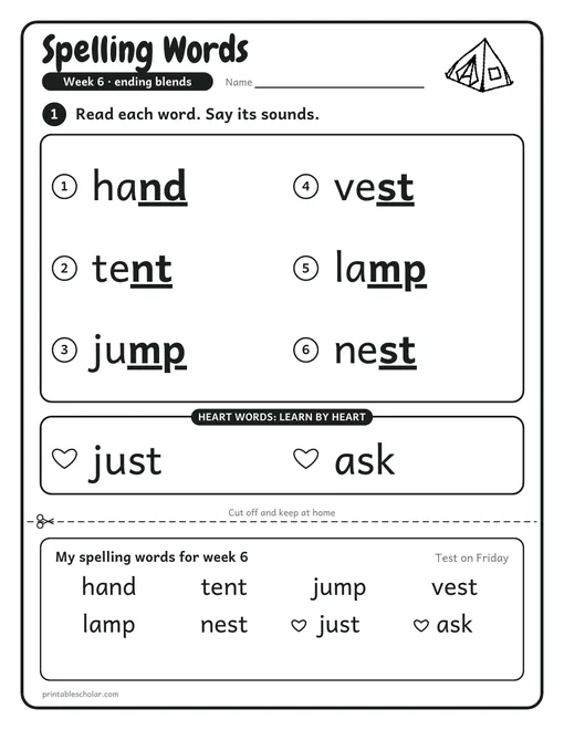 A week 6 sheet: the spelling list