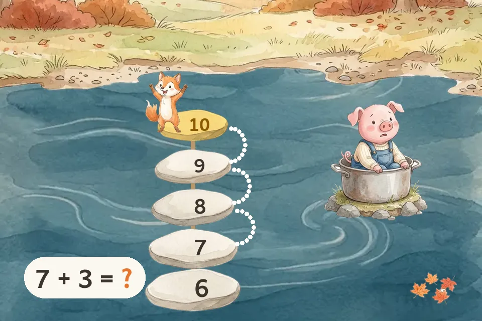 The fox hopping up numbered stones toward a gold 10, with Kate the squirrel waiting across the river