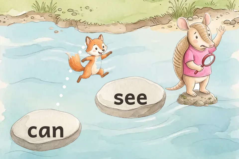 The fox jumping from the can stone to the see stone, with Fen the armadillo waiting across the river
