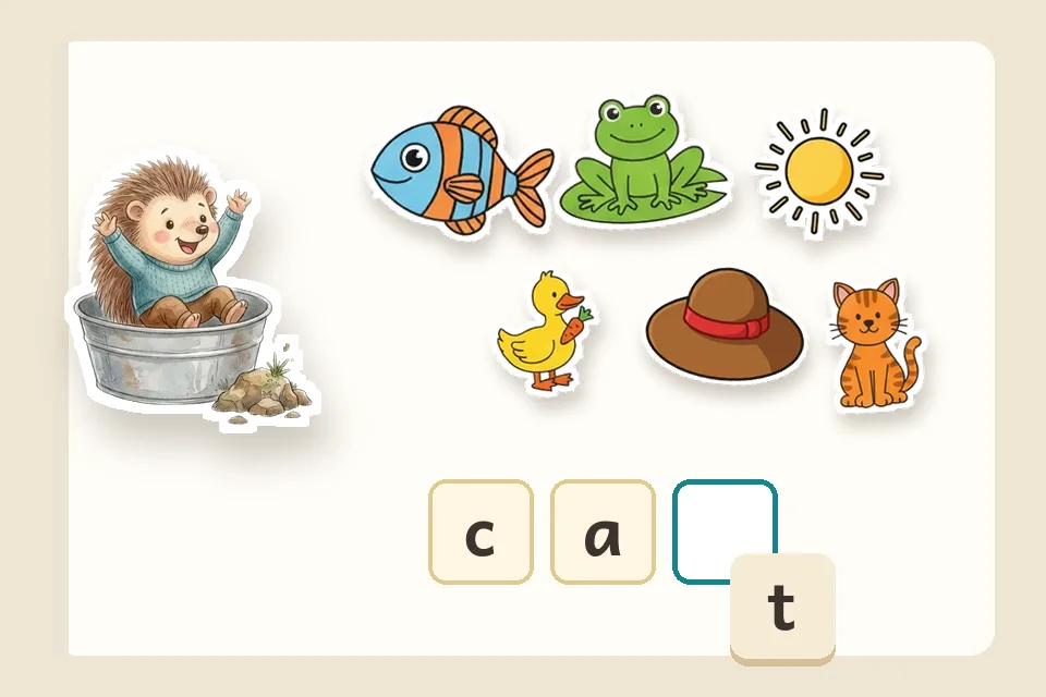 Word Workshop: a sticker-book page and the word cat built from letter tiles