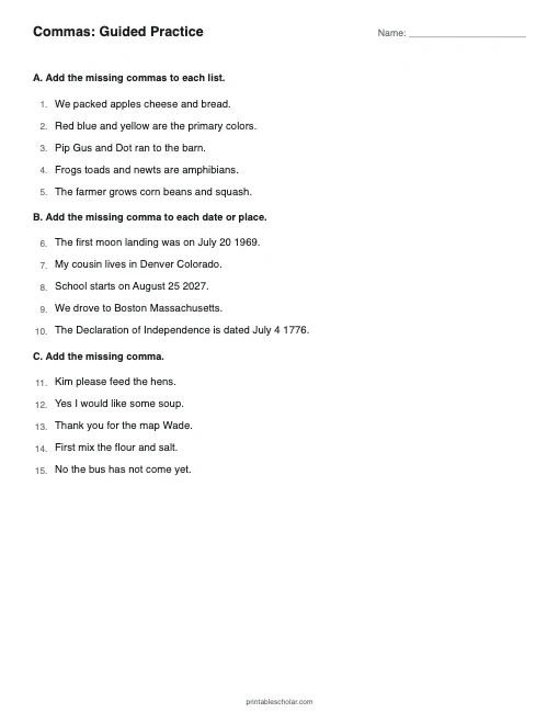 Commas: Guided Practice printable preview