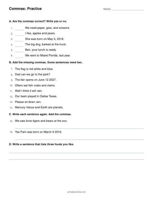 Commas: Practice printable preview