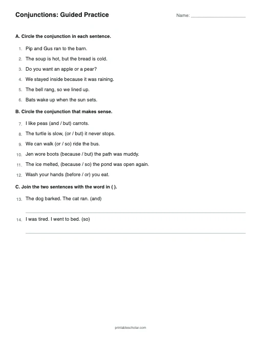 Conjunctions: Guided Practice printable preview