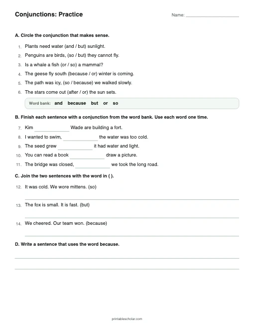 Conjunctions: Practice printable preview