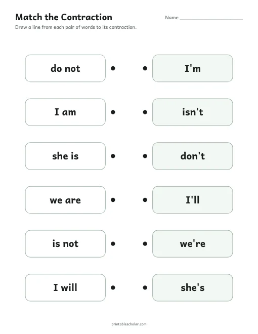Match the Contraction printable preview