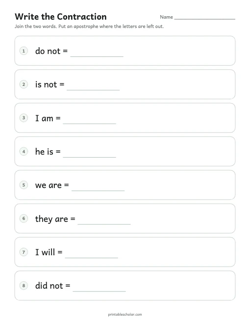 Write the Contraction printable preview