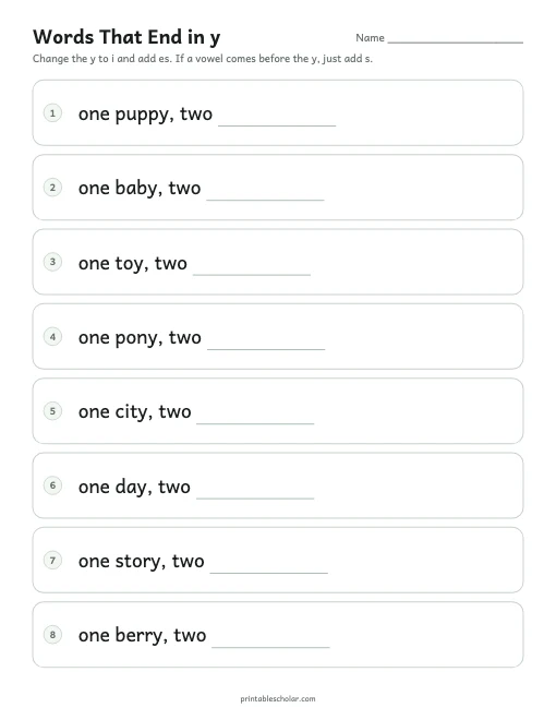Words That End in y printable preview
