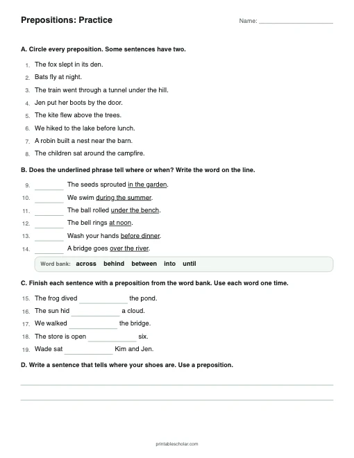 Prepositions: Practice printable preview