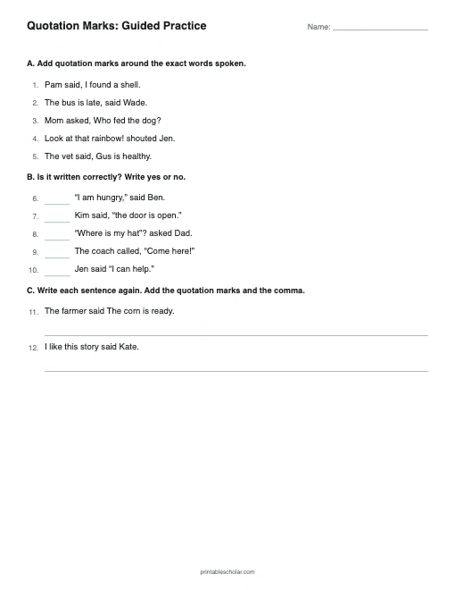 Quotation Marks: Guided Practice printable preview