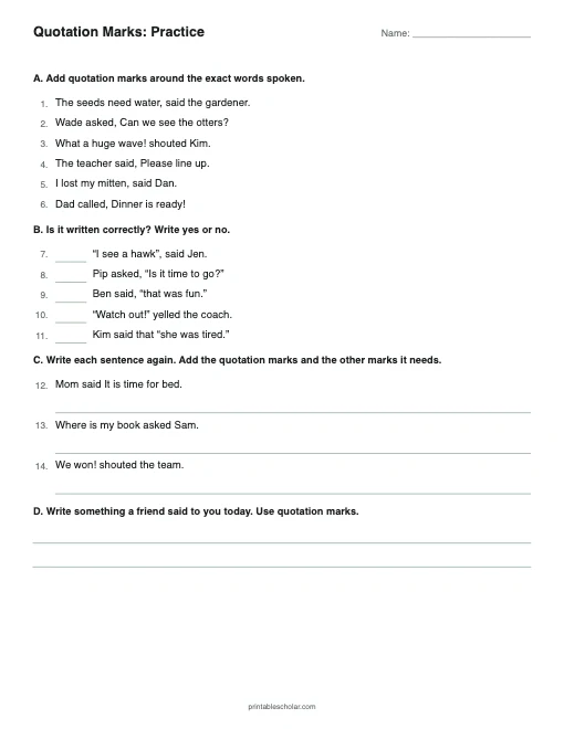 Quotation Marks: Practice printable preview